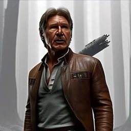 stunning photo realistic detailed head to waist portrait of harrison ford as han solo in star wars with photo realistic short hair by alice zhang,Sam Spratt, Yi Fan, Houston Sharp, Matija Obrovac, Sharp focus, brown eyes, weathered skin,space jacket from star wars, octane render, intricate