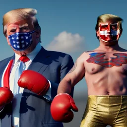 realistic image of donald trump as a mexican wrestling fighter posing outdoors, Mexican eyes wrestling mask, red and blue breeches, suspenders, retro style, 80s, vibrant color, highly detailed, sky background, concept art, unreal engine 5, god rays, ray tracing, RTX, lumen lighting, ultra detail, volumetric lighting, 3d, finely drawn, high definition, high resolution.