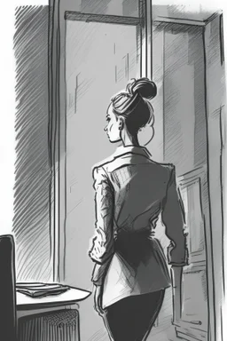 woman with a bun walking away out of someone's office with big windows sketch style
