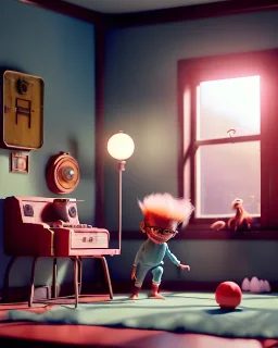 Room scene with simple hair monster and boy playing, Wes Anderson style, realistic photo, sweet, concept art, smooth, unreal engine 5, god lights, ray tracing, RTX, lumen lighting, ultra detail, volumetric lighting, 3d.