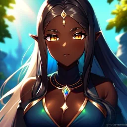 Clear focus, 8k, high quality, detailed, beautiful lighting, girl, vibrant colors, black long hair, vibrant golden eyes, dark skin, elf