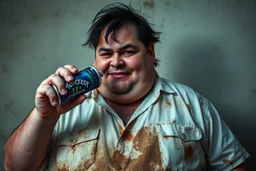 Cree l image d un agent de sécurité obese et sale. Il porte une chemise blanche tachée et boit une cannette de la marque monster. Il a des cheveux noirs hirsutes. 4k realiste. Il est très sale, il sent mauvais. Il sourit betement. Il a bu beaucoup d alcool la veille. Il est débraillé