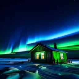 icy cabin squared off and centered aurora borealis - foreground is simple snowy plain