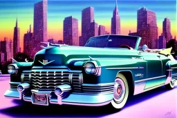 a true-to-life 1949 cadillac series 62 convertible, centered, intricate, extreme detailed, photorealism, center view, city background, pivot on cadillac, pen and color marker painting by cheryl kelley