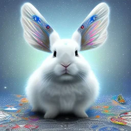 white platinum rabbit with blue third aye and butterfly wings, aboriginal, dot painting, indiginous, dot, mud, dream-time, abstract, dots, natural pigment, extremely sharp detail, finely tuned detail, ultra high definition, 8 k, unreal engine 5, ultra sharp focus, art germ and Paul Lewin and Kehinde Wiley, winter ambiance