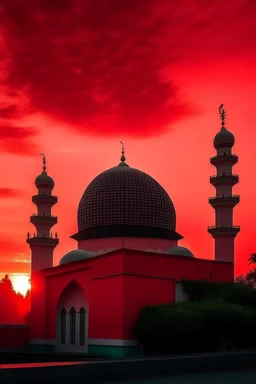 gambar masjid dengan pemandangan langit merah sore