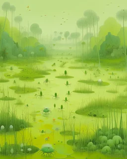 A light yellowish green swamp with bugs in daylight painted by Qiu Ying