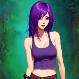 a pretty girl, relaxed, tank top, purple hair, digital art