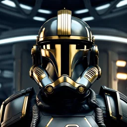 star wars bald male corellian pilot wearing gunmetal grey and black First Order TIE pilot armored flightsuit and helmet with gold trim inside the jedi temple, centered head and shoulders portrait, hyperdetailed, dynamic lighting, hyperdetailed background, 8k resolution, volumetric lighting, light skin, fully symmetric details