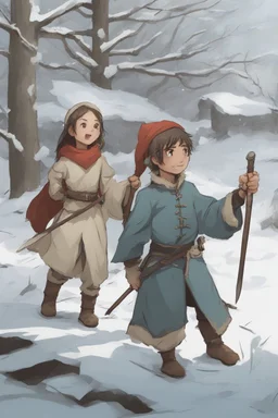 DnD style, two medieval peasant kids playing in the snow male and female, age 14 and 15, happy and playful, he has a short sword.