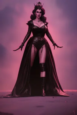 Amy Dumas as evil queen in black leather gown, evil, busty, cleavage, curvy, angry, stern look. character design by cory loftis, fenghua zhong, ryohei hase, ismail inceoglu and ruan jia. unreal engine 5, artistic lighting, highly detailed, photorealistic, fantasy