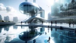 The scene features a group of people walking on a floating platform made of transparent glass, surrounded by water. The architecture is a surreal modern style, with buildings that twist and bend in unusual ways, creating a distorted and dreamlike atmosphere. The structures are made of sleek steel and reflective glass, giving them a futuristic and otherworldly appearance. The composition is dynamic, with the people positioned in the foreground, adding a sense of scale to the vast and surreal envi