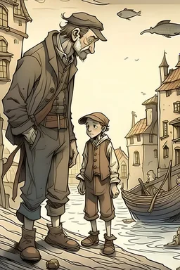 I want a picture that looks like it was hand-drawn of a fisherman standing with a rich man in an old city picture for children