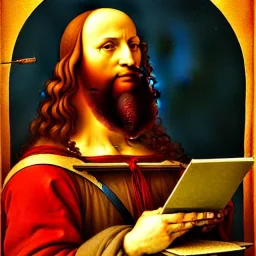 leonardo da vinci with computer. creating in photoshop. hyperdetailed, warm colors, movie poster, photoillustration, oil on canvas, lens flare