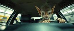 extreme close up on cheeky fluffy weasel cowboy elf family scumbag in the car in the style of Escher and Giger and Fallout 4, pinhole cam, airbrush 3d rendering, on tv screen:A five-second cinematic single take in a clean industrial presentation hall.