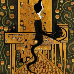 surreal cat playing piano in style of klimt painting with picture of klimt in background