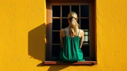 A lone figure of a young woman, seen from behind, sits in a window frame. She is wearing a flowing green dress and her blonde hair is pulled back. The window is set into a textured, bright yellow wall. A strong shadow, cast by an unseen object, stretches diagonally across the lower left portion of the wall, contrasting with the vibrant yellow. The interior of the window is dark, with a hint of a reflection or interior structure visible in the panes. The overall mood is serene and contemplative,