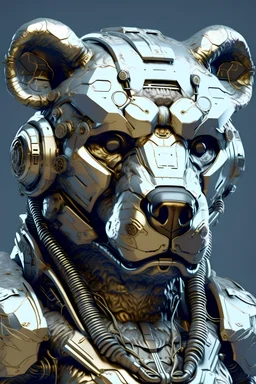 3D Portrait of a cyborg bear in natural colours wearing futuristic face armor in realistic fantasy