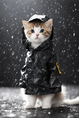 baby cat in raincoat. Chibi, Photograph, Canon DSLR, Tilt - shift, black background, high definition, Complete and coordinated composition, 8k