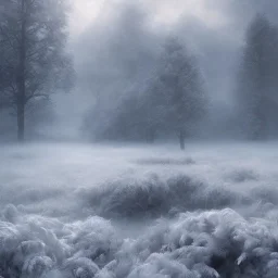 winter landscape, ice field, crystals, dreamlike, foggy