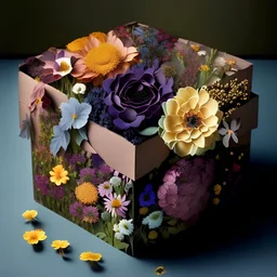 Create a Reall photo not "Art" 90-degree side view of a box brimming with a single type of flowers, all in a uniform color. Each flower, meticulously detailed, spills out of the box in stunning realism. Focus on intricate textures and lifelike details, ensuring every flower matches in color and type. Capture the abundance of this flower variety overflowing from the box, creating a visually captivating display of nature's beauty.