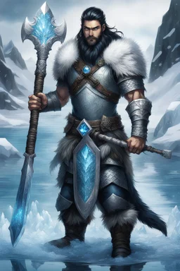 1 mana warrior, with blue eyes and black hair man in silver Viking armor with fur around the neck with blue crystal on his chest , standing in water in the artic, holding a ice axe, warrior in anime style,