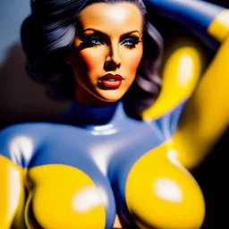 Ultra detailed fullbody Portrait in oil on canvas of beautiful busty fit fallout 4 woman ,wearing minimal skintight latex blue and yellow suit, extremely detailed digital painting, extremely detailed face,crystal clear Big Glowing eyes, mystical colors ,perfectly centered image, perfect composition, rim light, beautiful lighting, 8k, stunning scene, raytracing, anatomically correct, in the style of robert e howard and Ken Kelley and Ohrai Noriyoshi and Simon Bisley and tomzj1