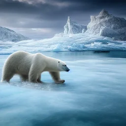 realistic polar bear swimming in artic water with ice floes, 8k resolution, high-quality, fine-detail, intricate, digital art, detailed matte, volumetric lighting, dynamic lighting, 3D octane render, Marc Adamus, Ann Prochilo, Romain Veillon, National Geographic photo