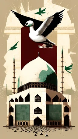 A design for Al-Aqsa Mosque, with a dove around it that expresses freedom, and the Palestinian flag flutters, covering Al-Aqsa Mosque.