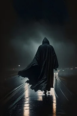 A man walking on a dark and scary road, wearing a robe over his head, and it is raining, and the wind is blowing his clothes