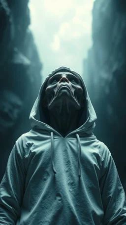 The creature from the the movie Prometheus with white hooded clothes looking up to the sky front view