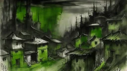 an image of a painting of a city, barracks, dark weather, sumi-e art, slight ruin, village, evocative, green tones, city skyscrapers, color change.