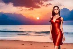 very nice real face beautiful sexy roman with make up at the beach standing pose in a short lace red and silver dress, full body, 3D cloudy sky volumetric nice clouds 8k sharp focus,sunset,golden hour,medium shot