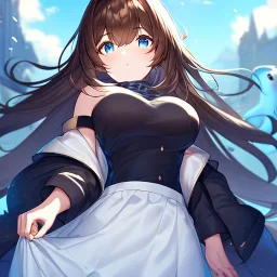 Clear focus, High resolution, Long fluffy brown hair, blue eyes, wearing a white skirt and a black turtle neck, detailed outfit, wearing a jacket oversized off shoulder