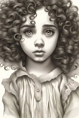 young hispanic girl with curly hair, spooky classic drawings upclose of eyes