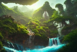 Art by Dylan cole and Eddie mendoza, Avatar concept art, pandora, hovering island with waterfall, landscape, ultra-wide angle, ultra realistic, digital painting, 8 k uhd, volumetric lighting, beautiful, sharp focus, ultra detailed, concept art, studio quality