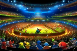 a Pokémon stadium with many lights and a big crowd, cell shading