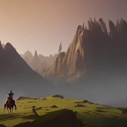  mountains with medieval knight traveling on a horse in the background