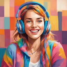 Generate a colorful and vibrant portrait of a young woman with a happy expression, wearing stylish headphones. The background should depict a cozy study room with warm and lively colors. Ensure the focus is on the girl's face, capturing the joy and relaxation as she listens to music. Emphasize the details of her expression and the colorful elements in the background to create a visually engaging and cheerful image