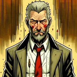 create an male character based on john constantine, whithbrown hair, long dark beard whith some white hairs and beard, flat grey background black suit and black tie, face more old