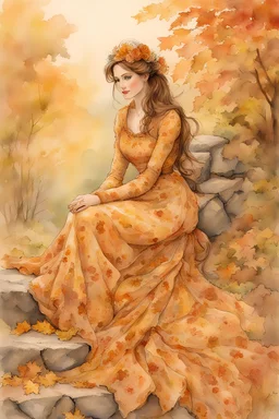 a woman, sitting, in warm autumn colours dress, watercolor, pen and ink, detailed realistic ethereal fantasy Thomas Kinkade