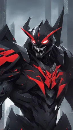 A close picture to Mix between transformers and venom symbiote in solo leveling shadow art style with red details detailsis in fantasy world