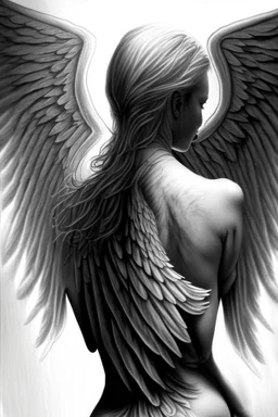 woman angel from back ultra realistic drawing