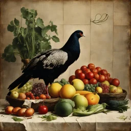 [Shattered Image, vintage style noisy scratches glitches, Shot the texture and then rewound the film and double exposed from a 1970 B series movie] Juan Sánchez Cotán, Still Life with Game Fowl, Vegetables and Fruits (1602)