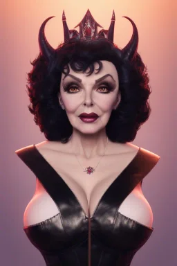 Joan Collins as evil queen in black leather, leather, busty, cleavage, angry, stern look. character design by cory loftis, fenghua zhong, ryohei hase, ismail inceoglu and ruan jia. unreal engine 5, artistic lighting, highly detailed, photorealistic, fantasy