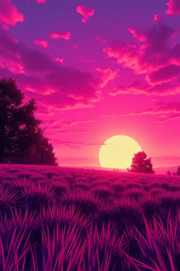 A sunrise lawn landscape, pink and purple sky, moebius style