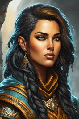 create an iconic female fantasy Pathfinder RPG character with highly detailed facial features in the art style of Wayne Reynolds, acrylic on artboard 8k