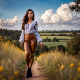 fullbody girl makeup wearing a victorian top and tight pants walking in country side ,flowers ,pretty clouds in blue sky