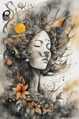 an abstract ink wash and watercolor illustration of her subconscious yearning to be as free as the wind , neo surrealism, abstract expressionism , striking, atmospheric, dreamlike, mystical, enigmatic, in the style of Joan Miro and Roberto Matta, in soft, rich plant based organic colors, boldly inked, hyper detailed , highly detailed feminine facial features, 4k