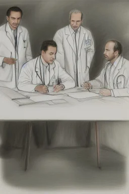 Pencil sketch of Four doctors are discussing ، on lined paper